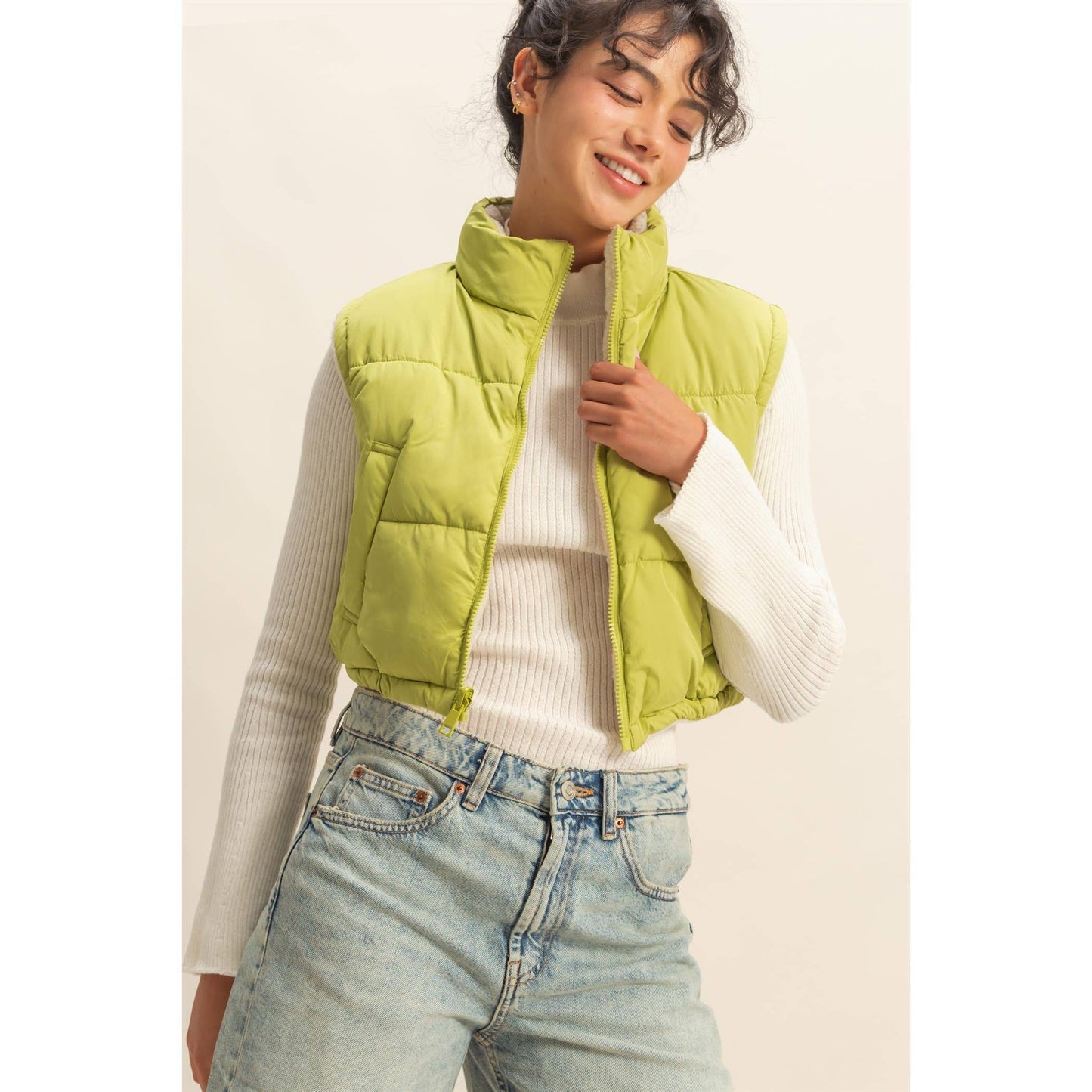 Reversible Puffer Vest: PALE OLIVE / S-M-L(2-2-2)