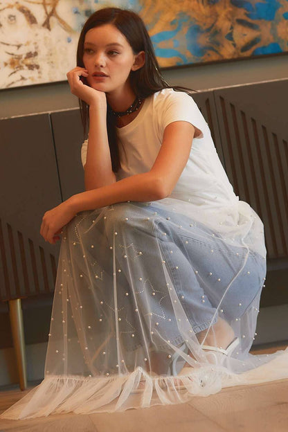 Pearl Ruffle See through Mesh Dress: WHITE