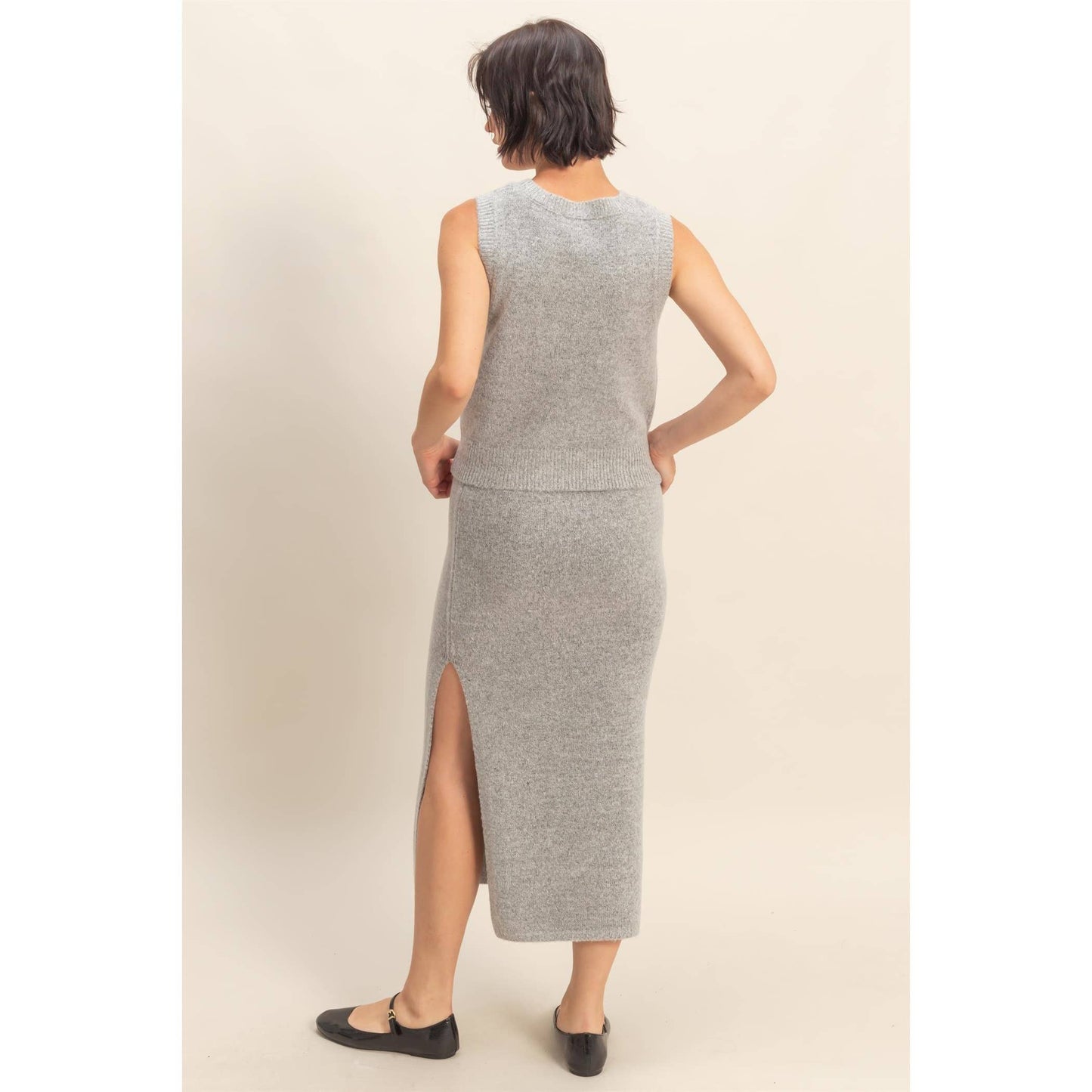 Button Front Vest & Midi Skirt Knit Set: SAGE GREEN