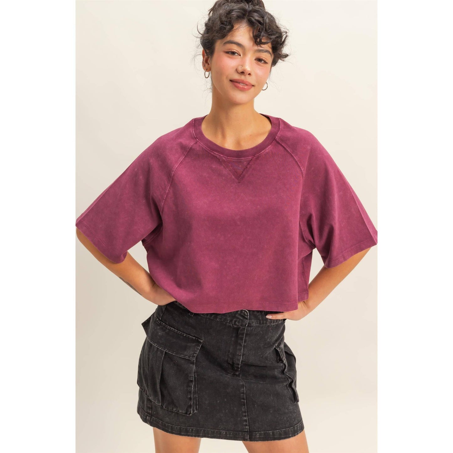 Short Sleeve Mineral Washed Cropped Tee: DARK TAUPE / S-M-L(2-2-2)