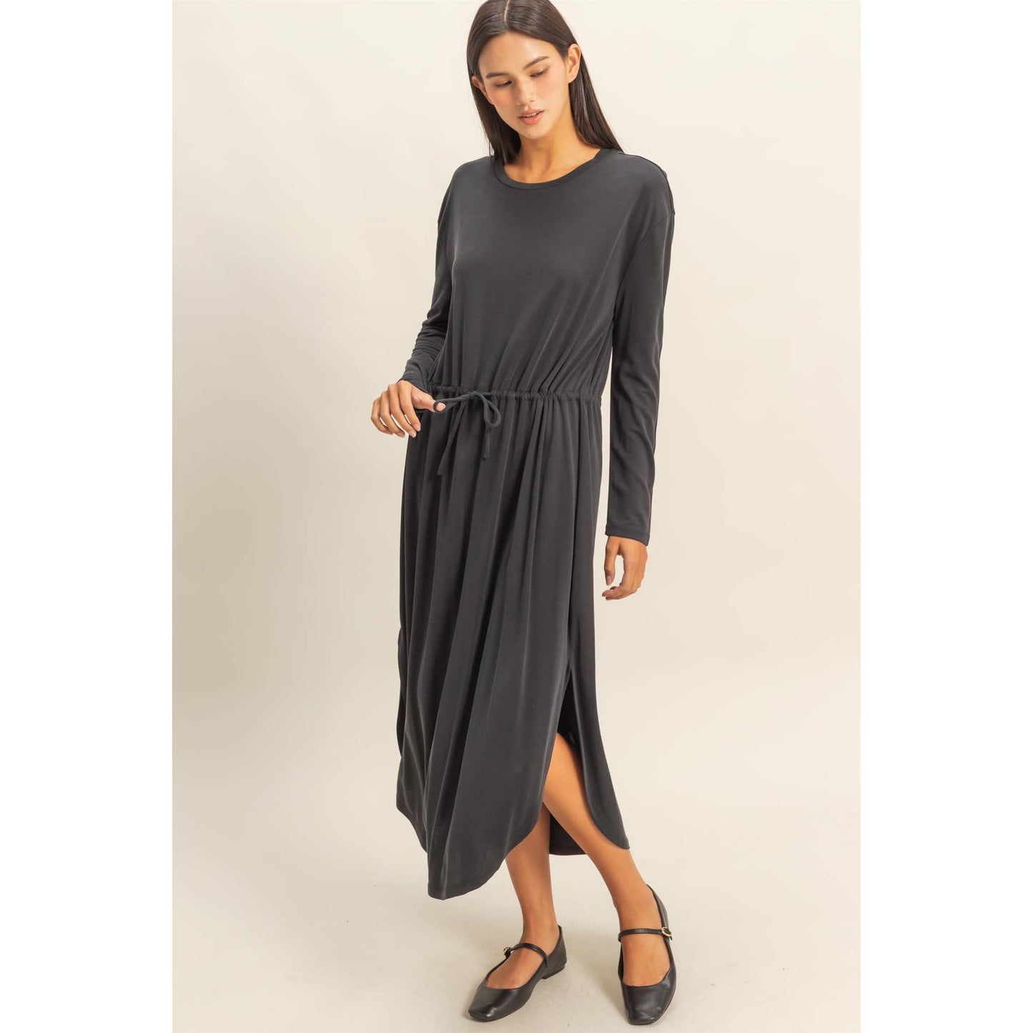 Drawstring Waist Long Sleeve Midi Dress: DEEP POND