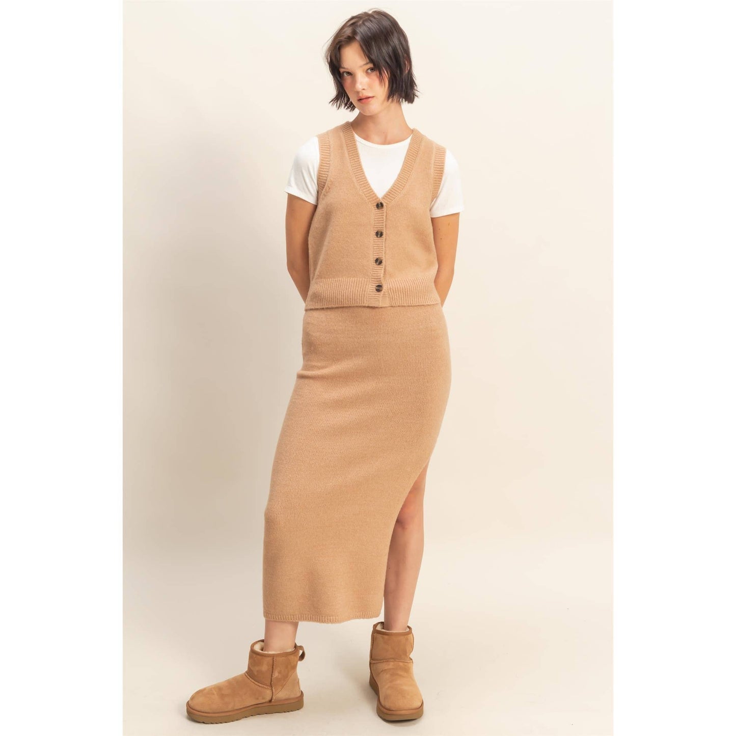 Button Front Vest & Midi Skirt Knit Set: SAGE GREEN