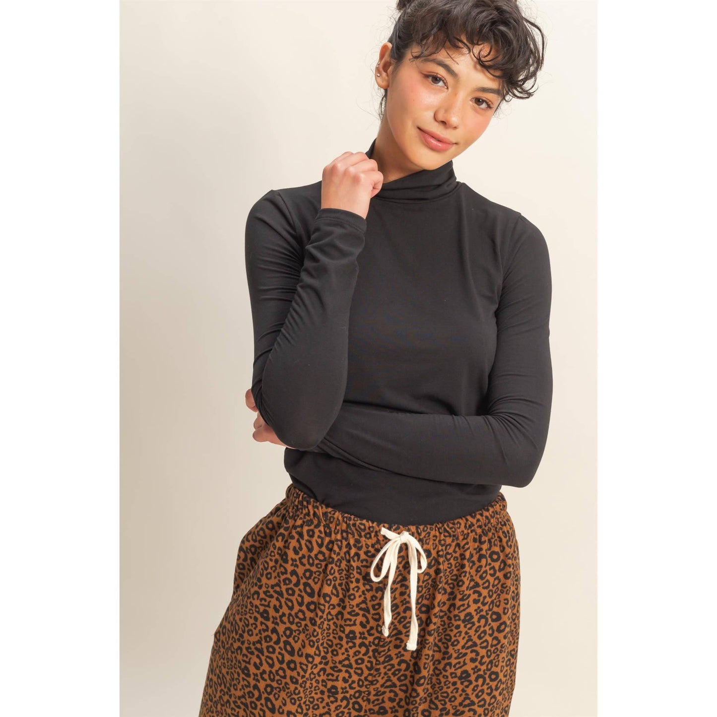 Turtleneck Long Sleeve Fitted Top: SAGE GREEN / S-M-L(2-2-2)