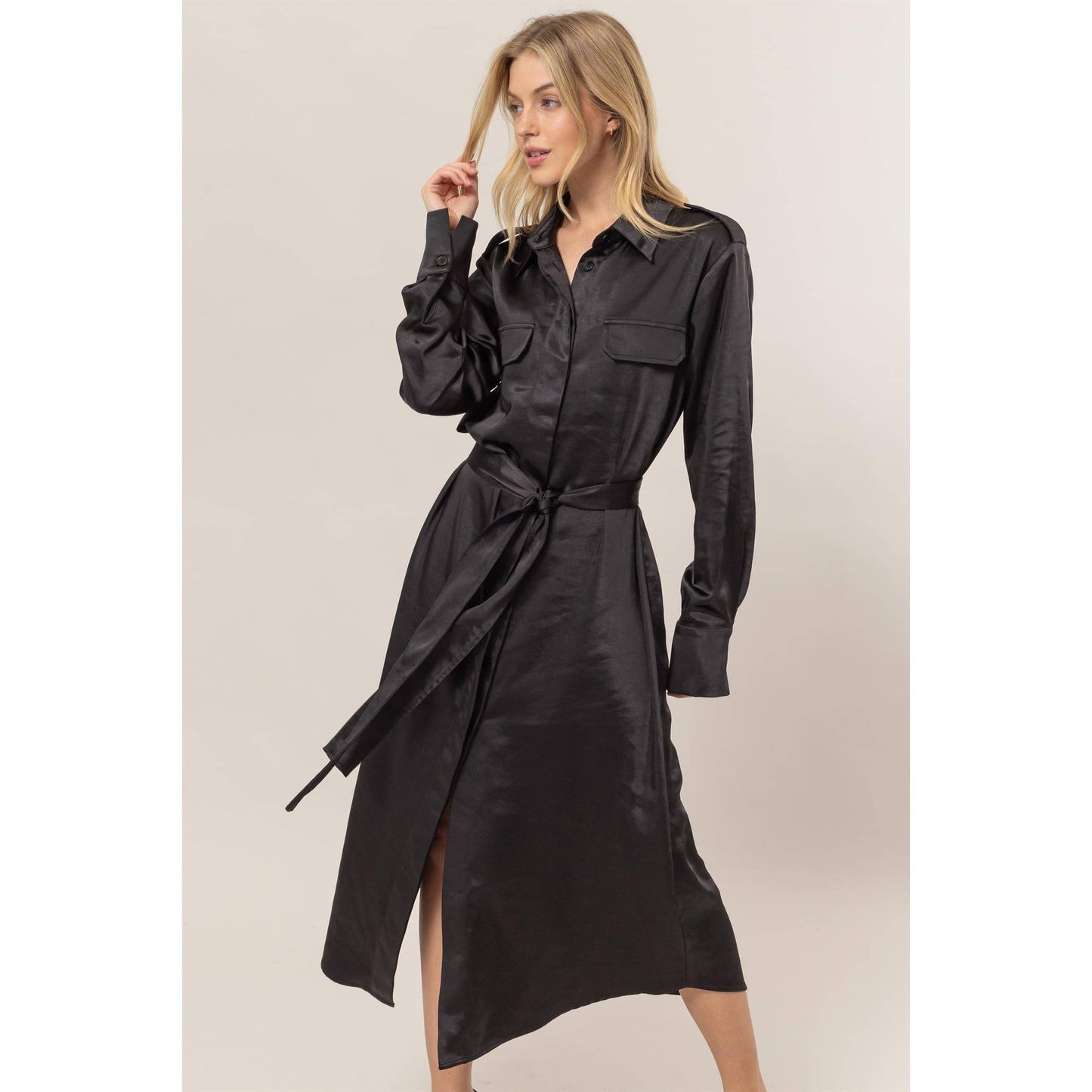 Matte Satin Belted Midi Shirt Dress