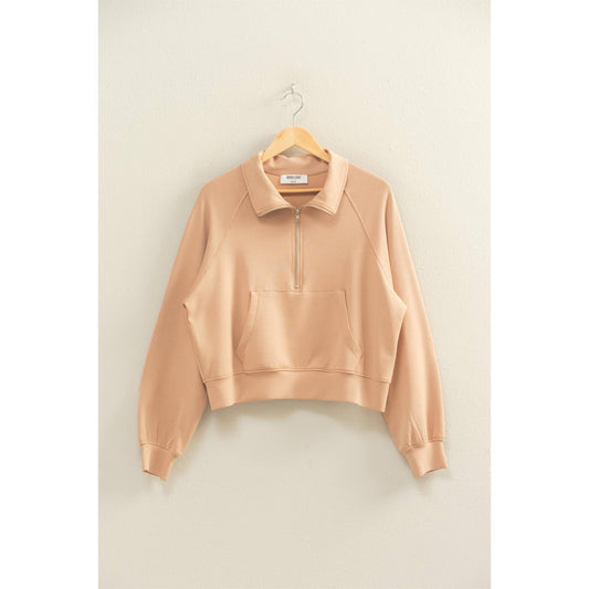 Double Knit Half Zip-Up High Neck Collar Sweatshirt: DARK TAUPE / S-M-L(2-2-2)
