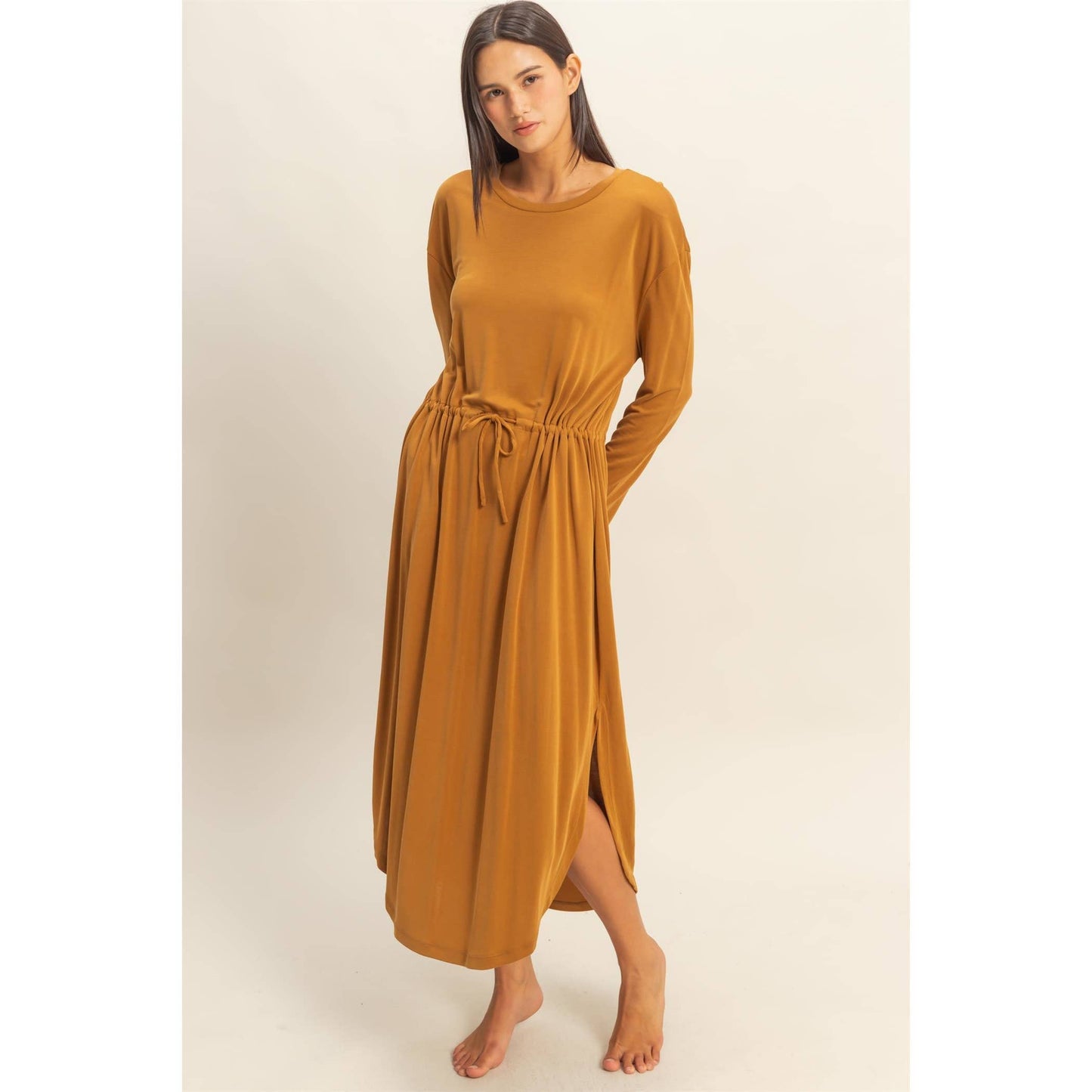 Drawstring Waist Long Sleeve Midi Dress: DEEP POND