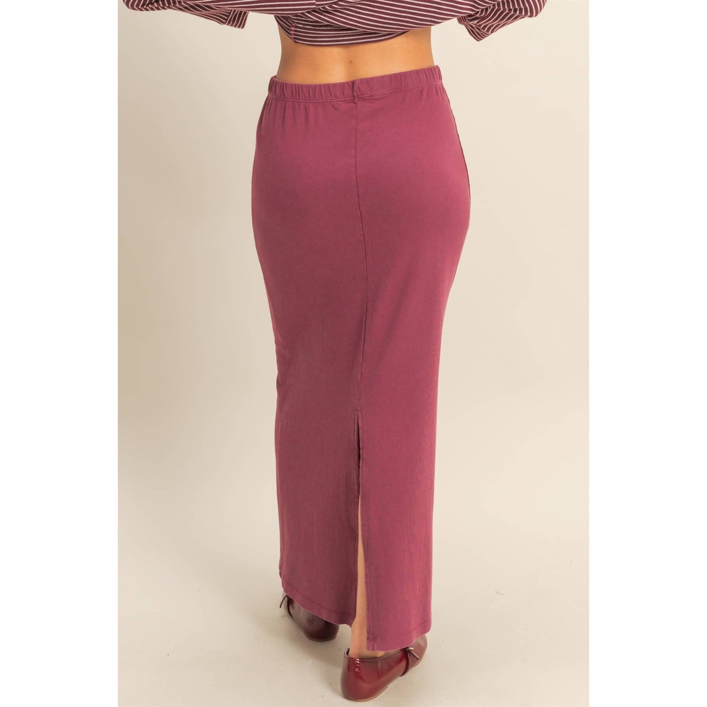 Mid-Rise Mineral Washed Casual Maxi Skirt: DARK TAUPE / S-M-L(2-2-2)