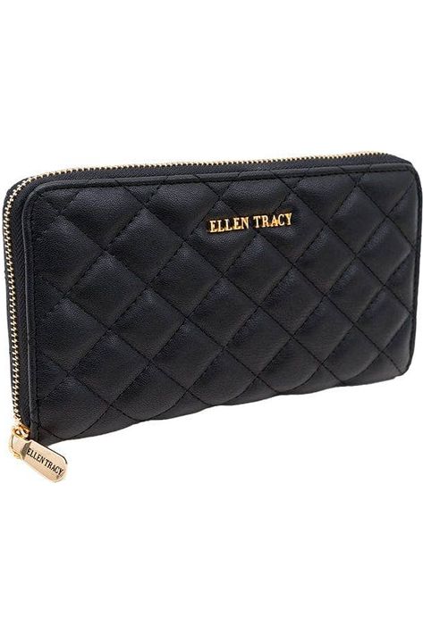 Ellen Tracy Diamond Quilted Zip Around Wallet: BLACK-001