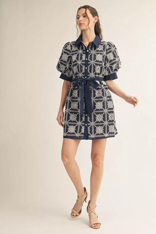 Navy Eyelet Embroidered Dress