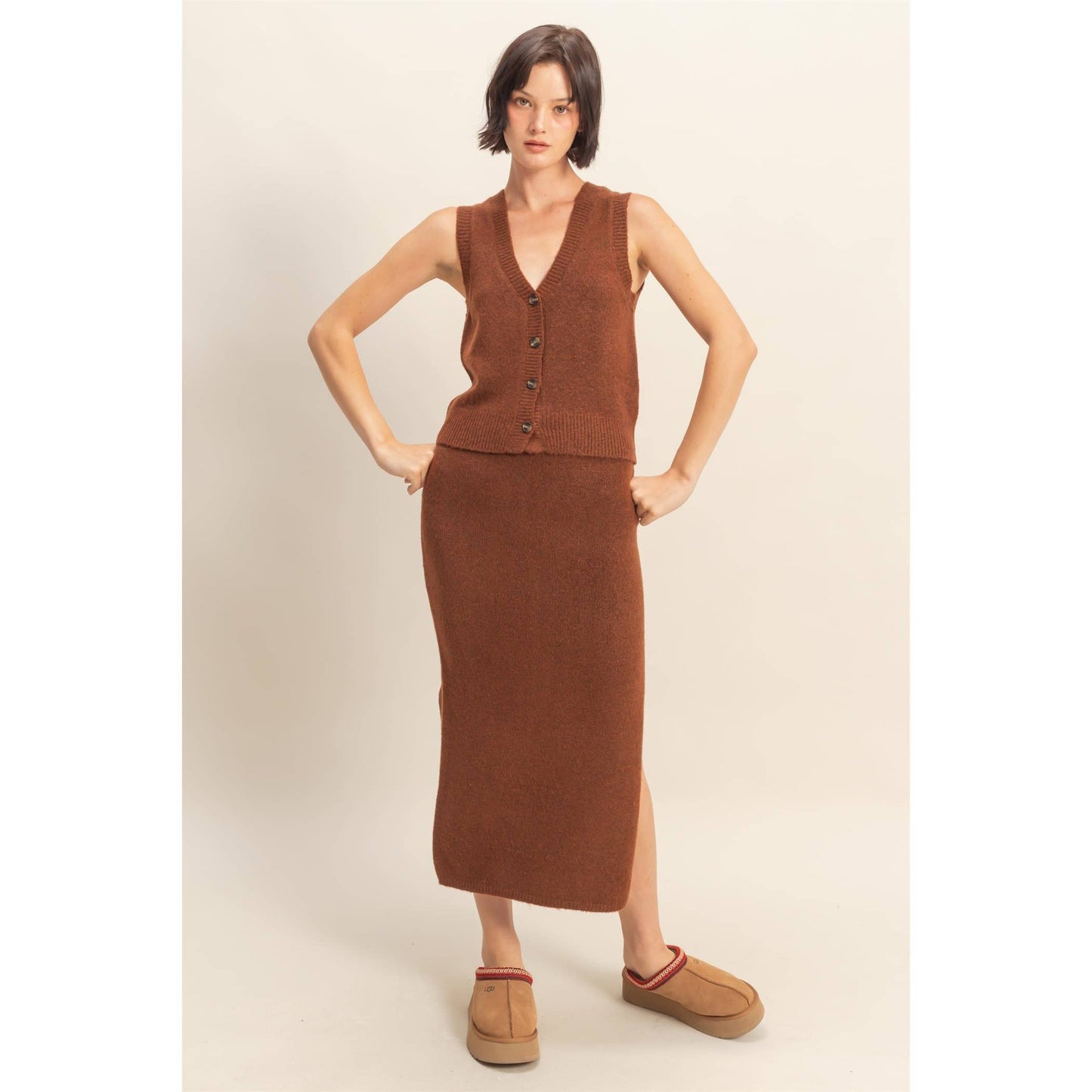 Button Front Vest & Midi Skirt Knit Set: SAGE GREEN