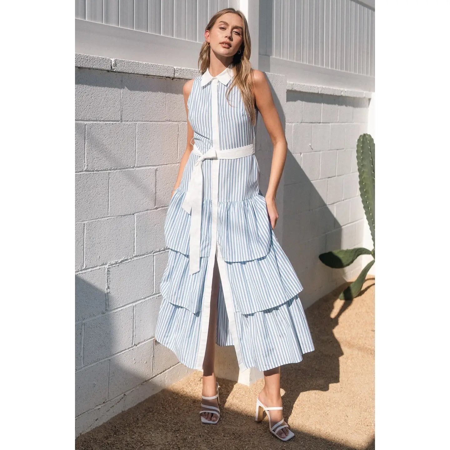 "Olivia" Collared Sleeveless Ruffle Maxi Dress