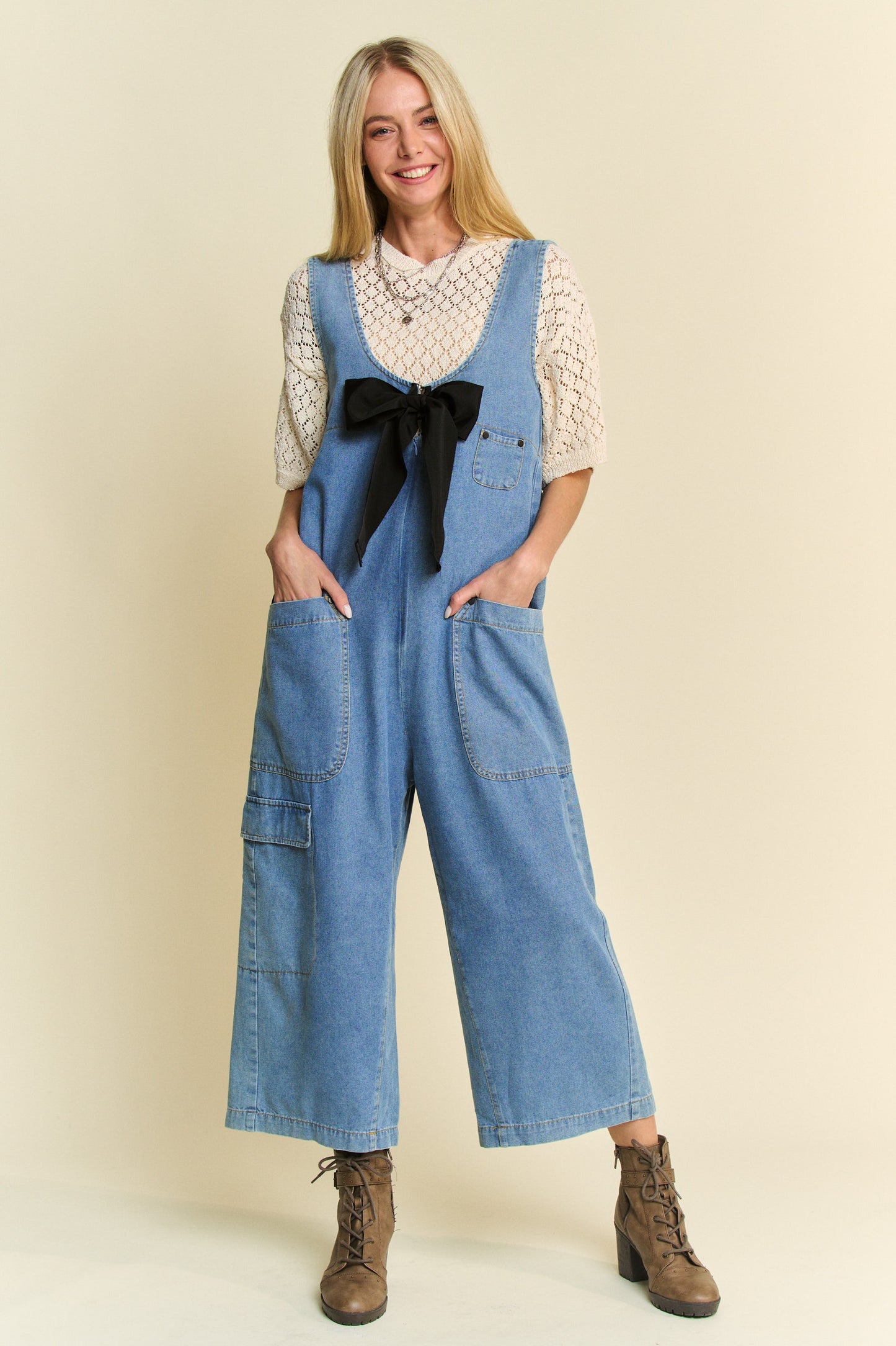 Soft Denim With Bow Jumpsuit