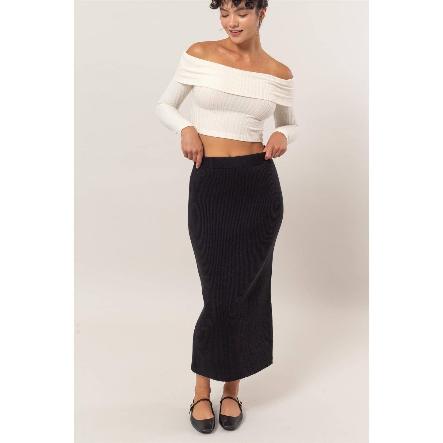 Ribbed Knit Midi Skirt: CREAM / S-M-L(2-2-2)