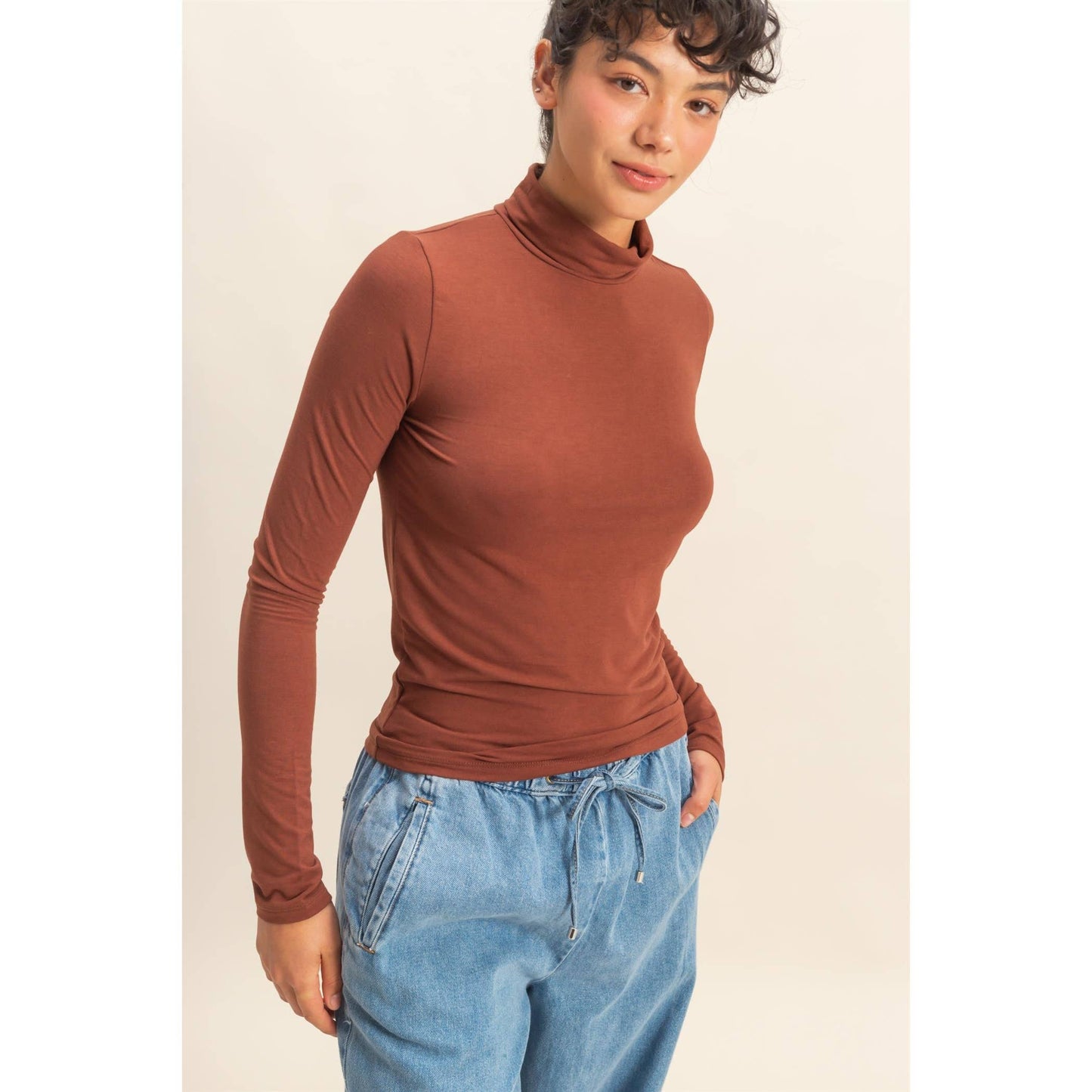 Turtleneck Long Sleeve Fitted Top: SAGE GREEN / S-M-L(2-2-2)