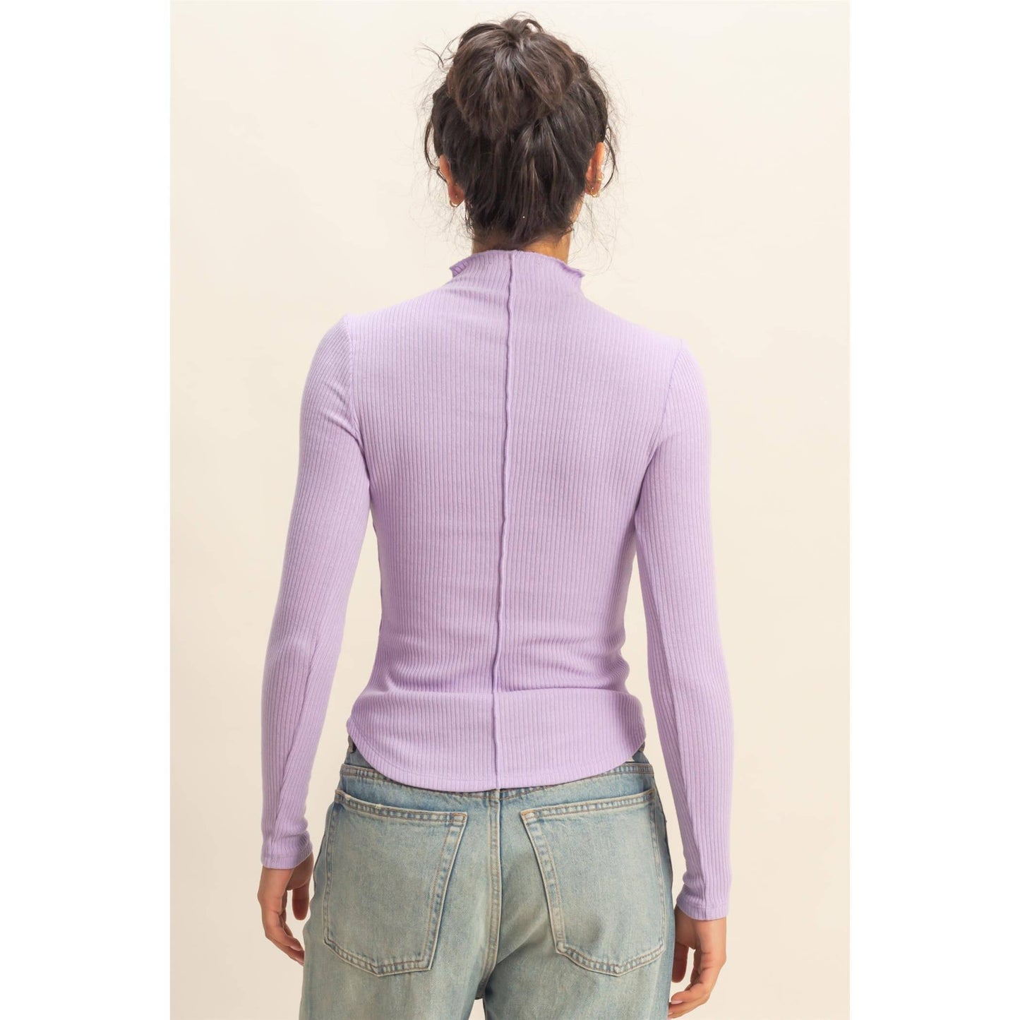 Ribbed High Neck Seam Detail Long Sleeve Top: DUSTY PINK