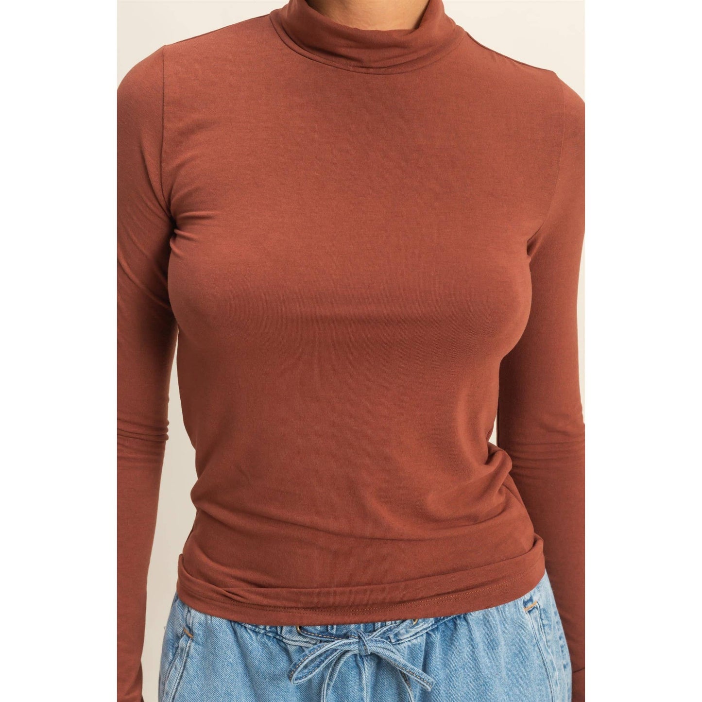 Turtleneck Long Sleeve Fitted Top: SAGE GREEN / S-M-L(2-2-2)