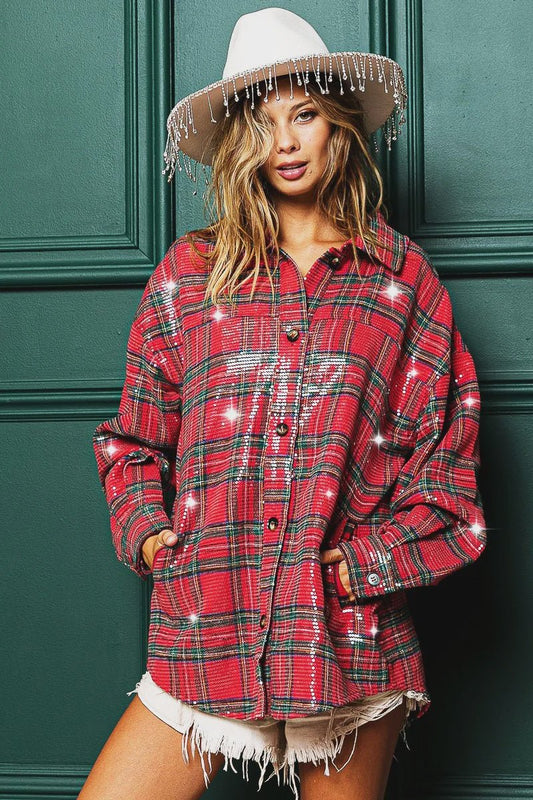 Clear Sequin All Over Vintage Plaid Christmas Shirt - Red - The Perfect Gift Shop & Boutique