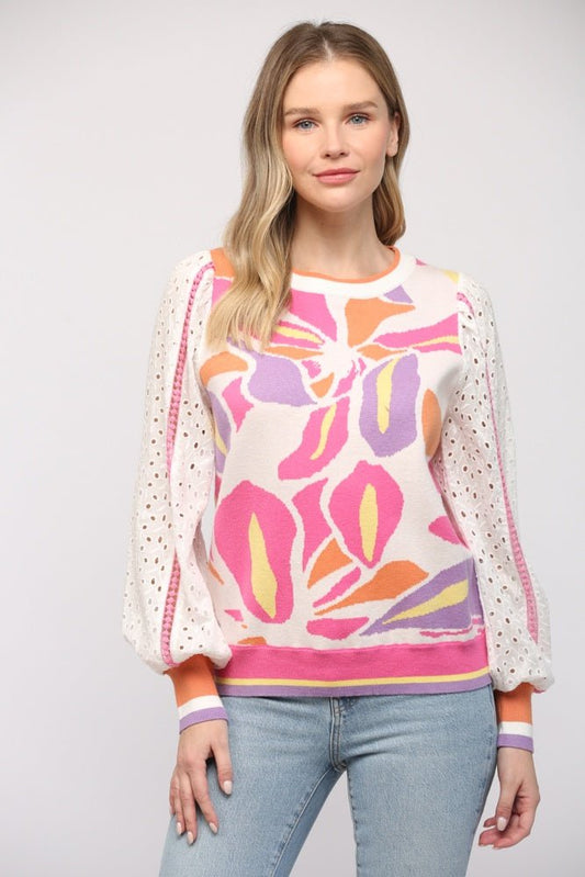 Contrast Lace Sleeve Jacquard Sweater - The Perfect Gift Shop & Boutique