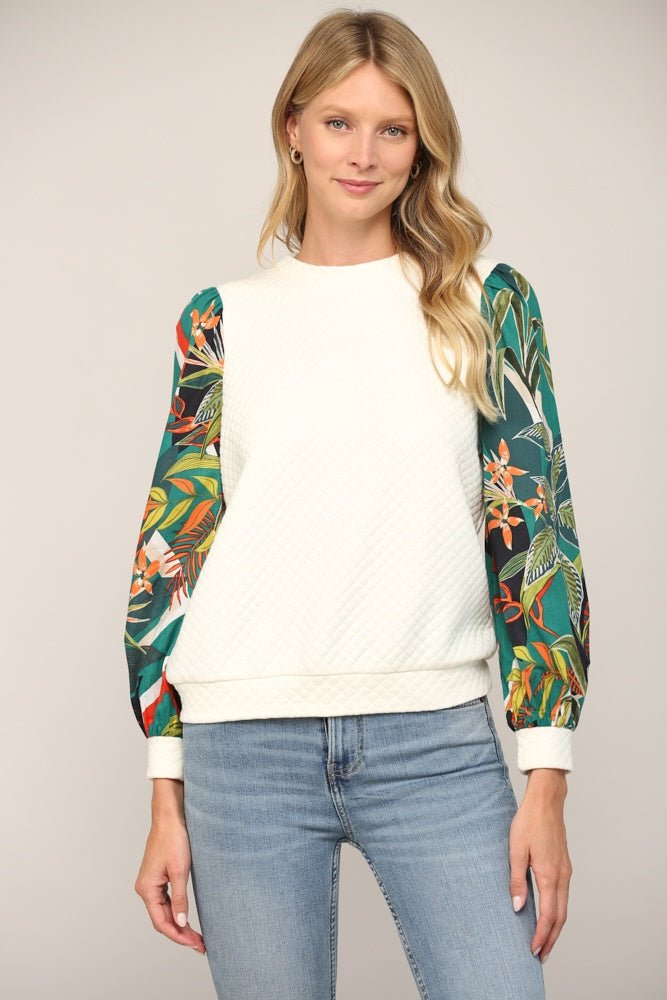 Cream Green Multi Contrast Print Sleeve Quilted Top - The Perfect Gift Shop & Boutique