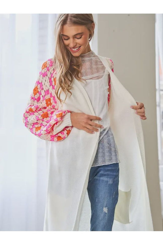 CROCHET SLEEVE DETAIL SWEATER OPEN MIDI CARDIGAN White Multi - The Perfect Gift Shop & Boutique