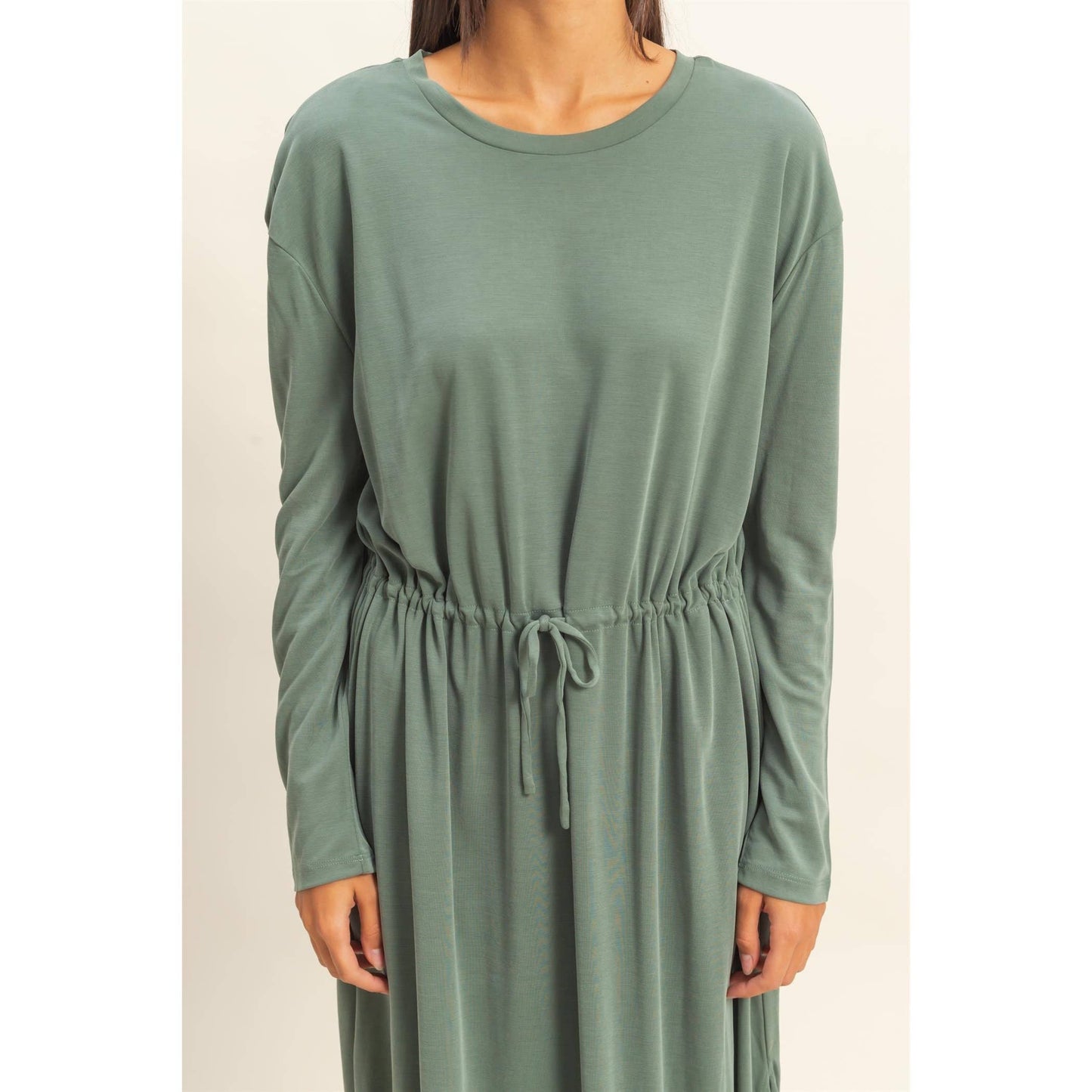 Drawstring Waist Long Sleeve Midi Dress: DEEP POND