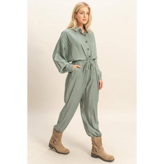 Drawstring Long Sleeve Jumpsuit: OLIVE