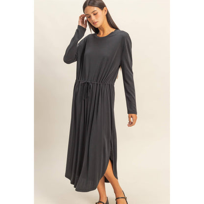 Drawstring Waist Long Sleeve Midi Dress: DEEP POND