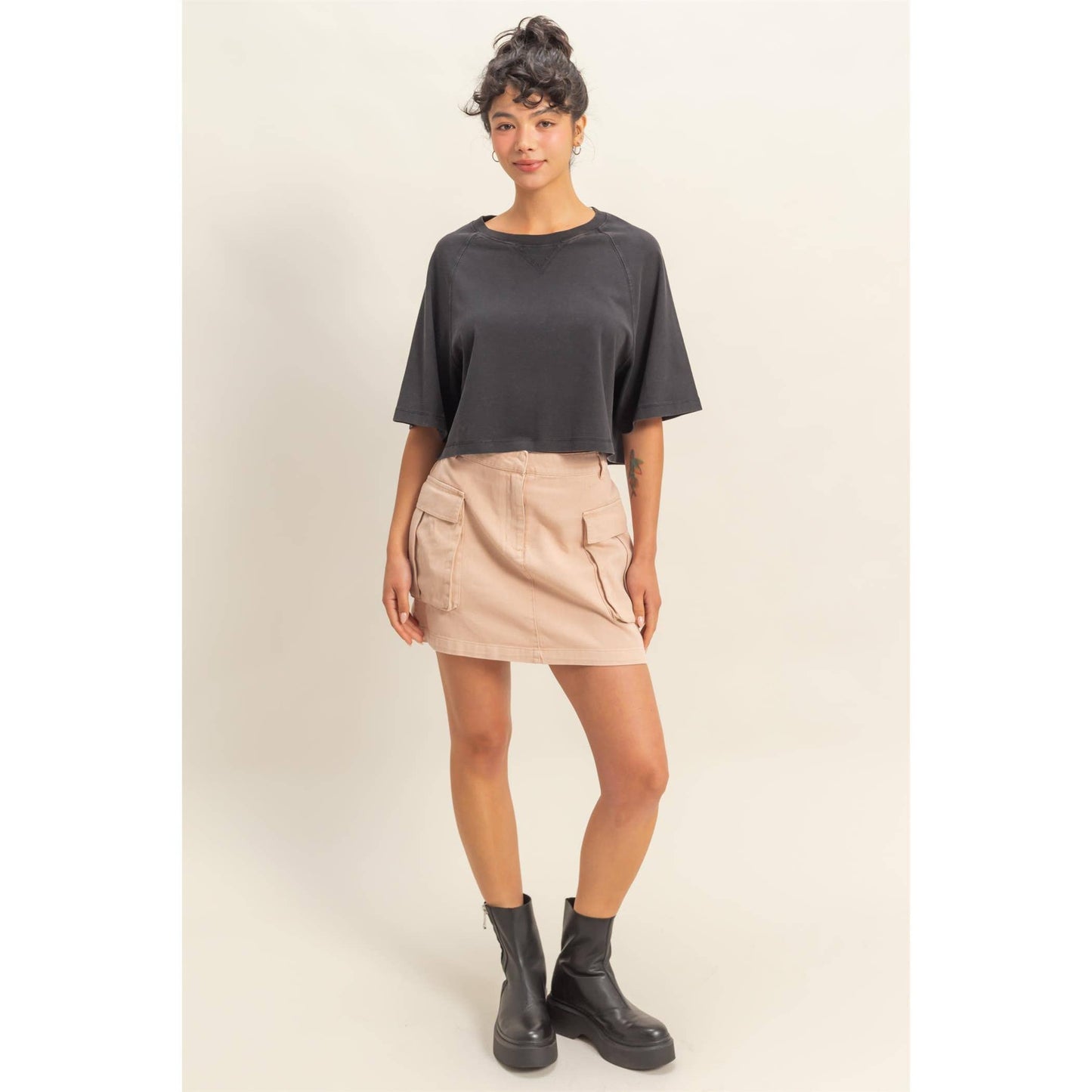 Short Sleeve Mineral Washed Cropped Tee: DARK TAUPE / S-M-L(2-2-2)