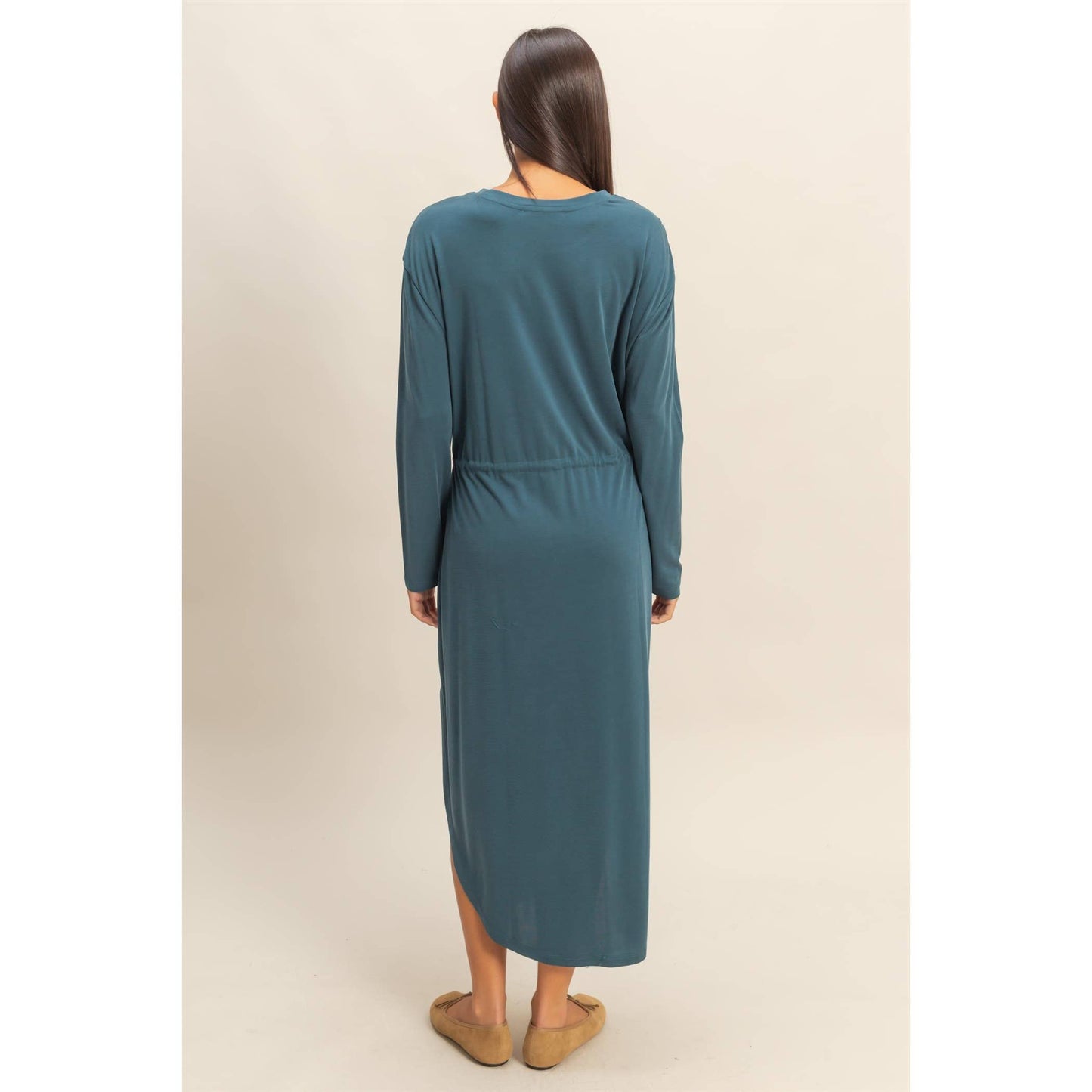 Drawstring Waist Long Sleeve Midi Dress: DEEP POND