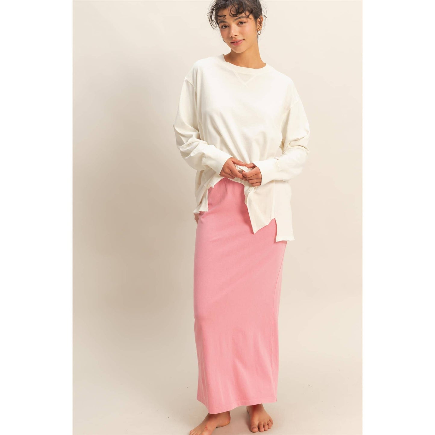 Mid-Rise Mineral Washed Casual Maxi Skirt: DARK TAUPE / S-M-L(2-2-2)