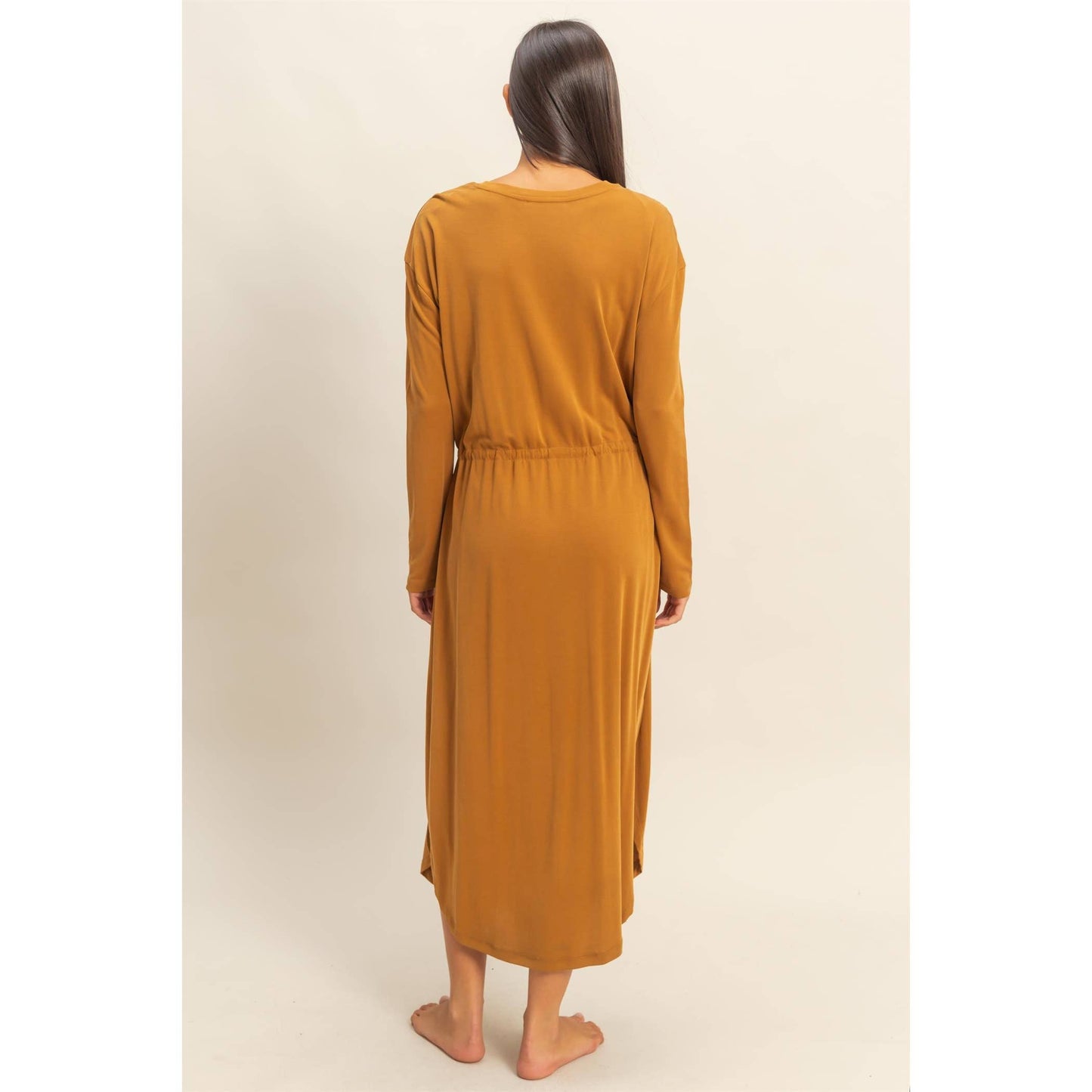 Drawstring Waist Long Sleeve Midi Dress: DEEP POND