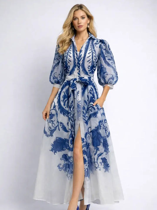 Melanie Blue and White Organza Dress