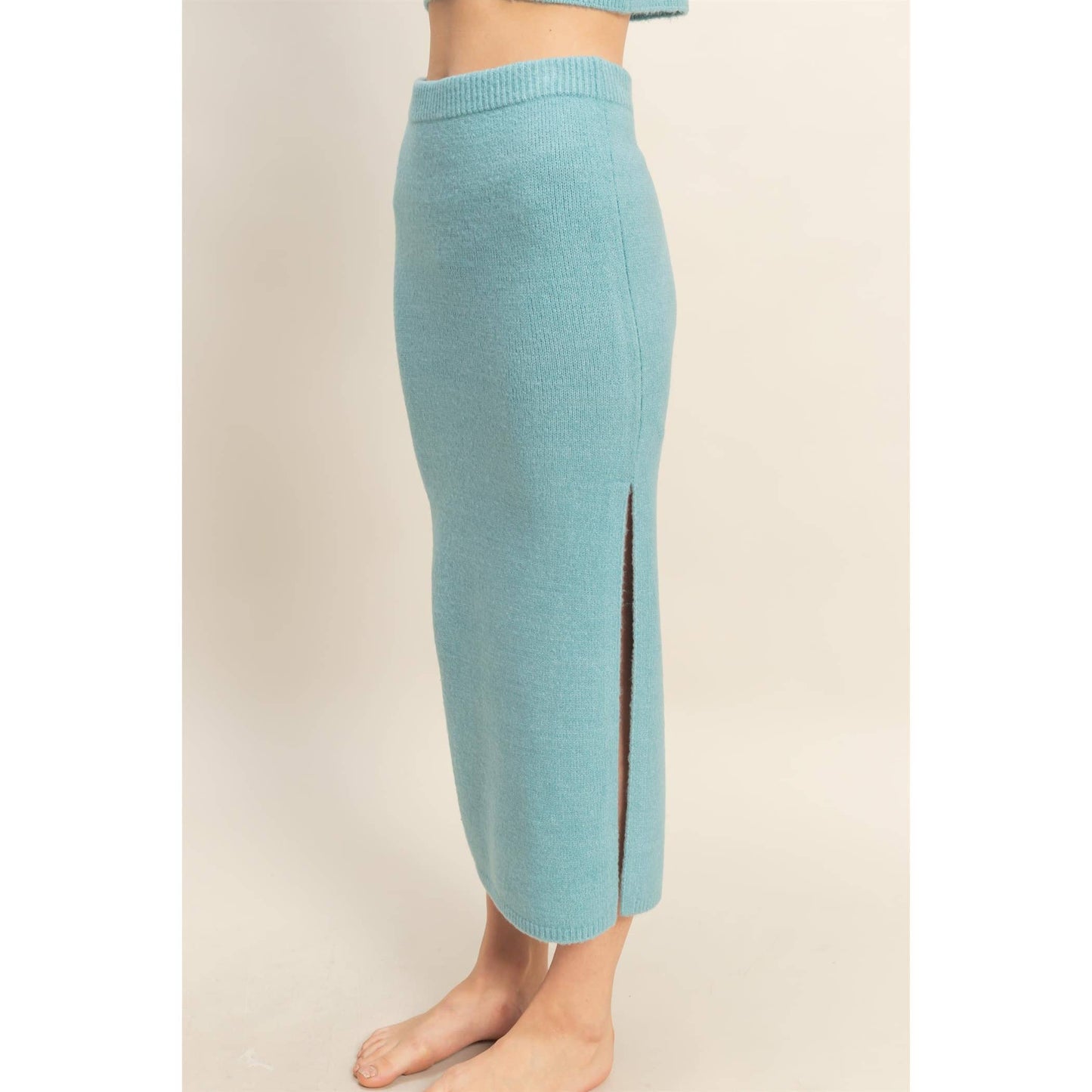 Button Front Vest & Midi Skirt Knit Set: SAGE GREEN