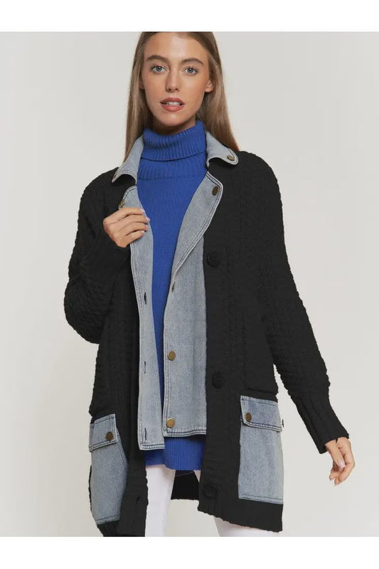 DENIM COLLAR POCKET DETAIL CHUNKY KNIT CARDIGAN - The Perfect Gift Shop & Boutique