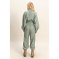 Drawstring Long Sleeve Jumpsuit: OLIVE