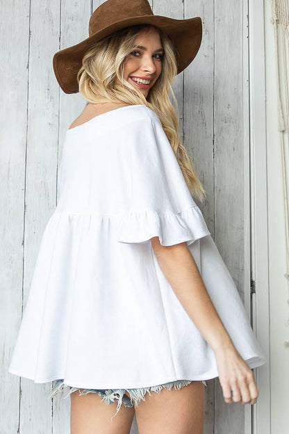 Ruffled Solid Babydoll Tunic Top: White