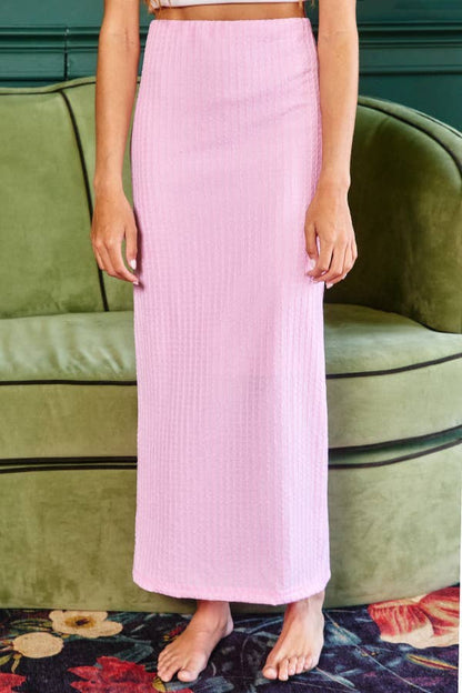 Rib Knit Bodycon Maxi Skirt With Back Slit: BABY PINK