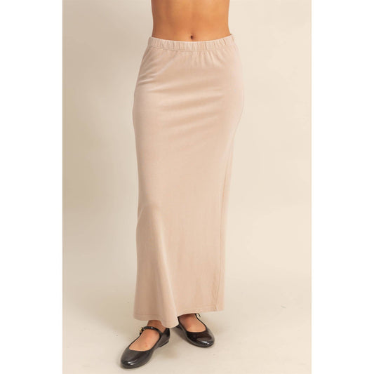 Mid-Rise Mineral Washed Casual Maxi Skirt: DARK TAUPE / S-M-L(2-2-2)