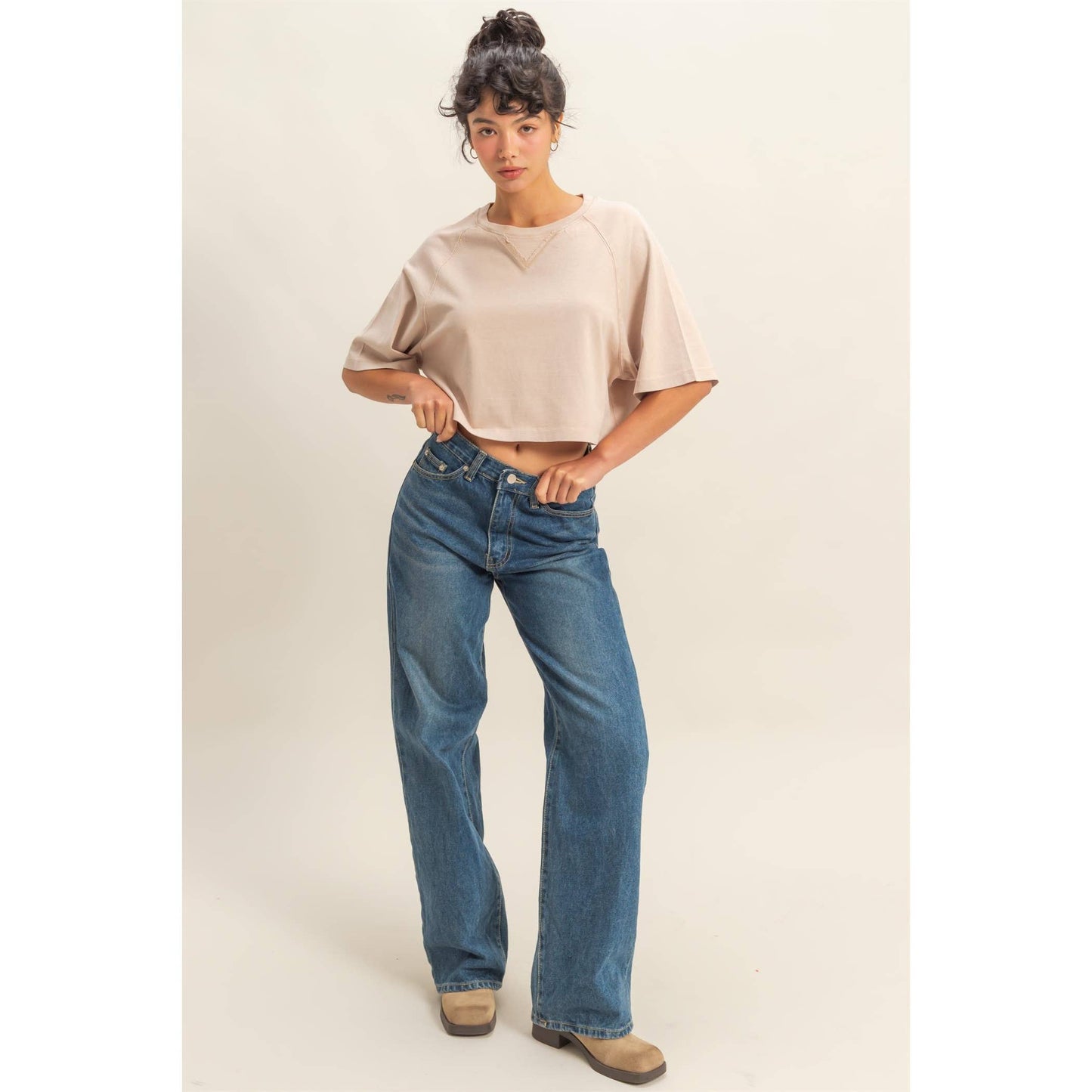 Short Sleeve Mineral Washed Cropped Tee: DARK TAUPE / S-M-L(2-2-2)