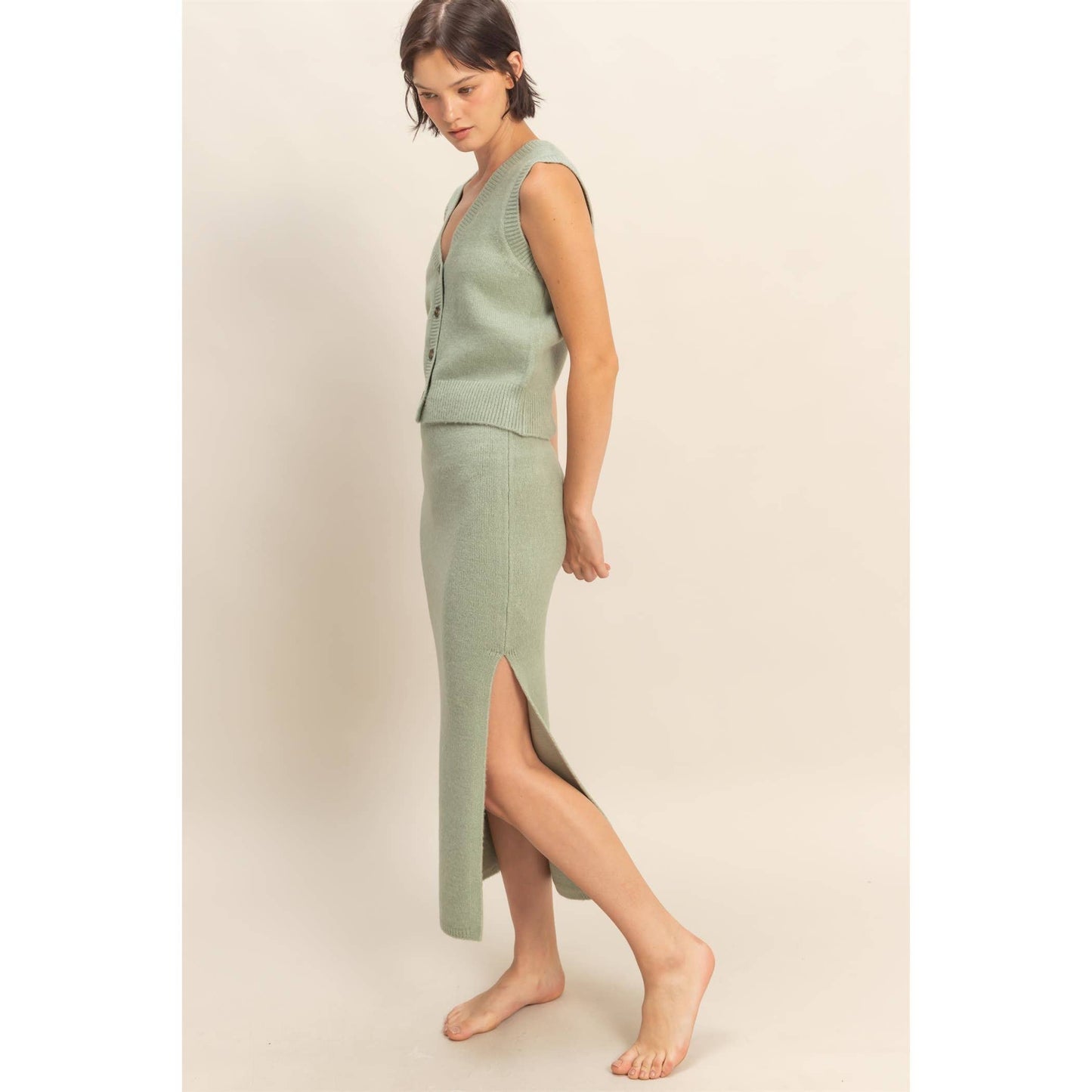 Button Front Vest & Midi Skirt Knit Set: SAGE GREEN