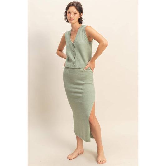 Button Front Vest & Midi Skirt Knit Set: SAGE GREEN