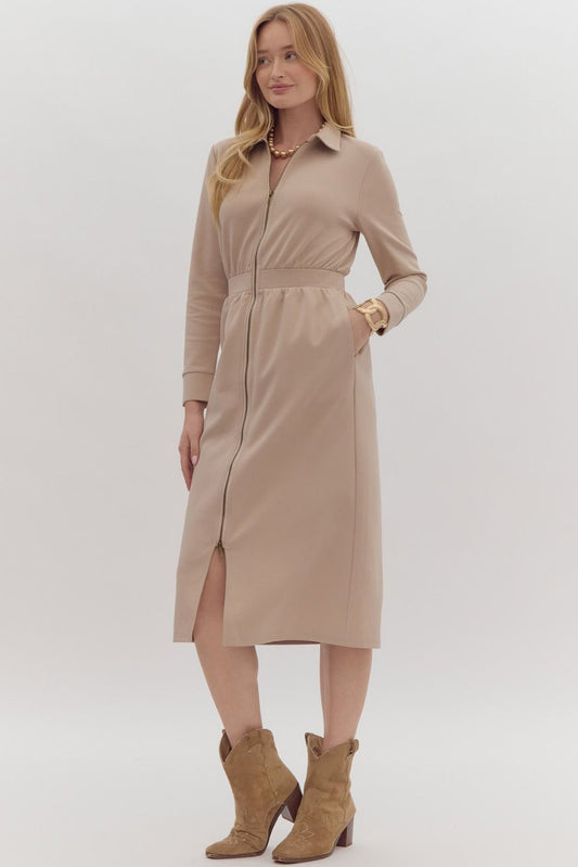 "Diane" Almond Long Sleeve Midi Dress