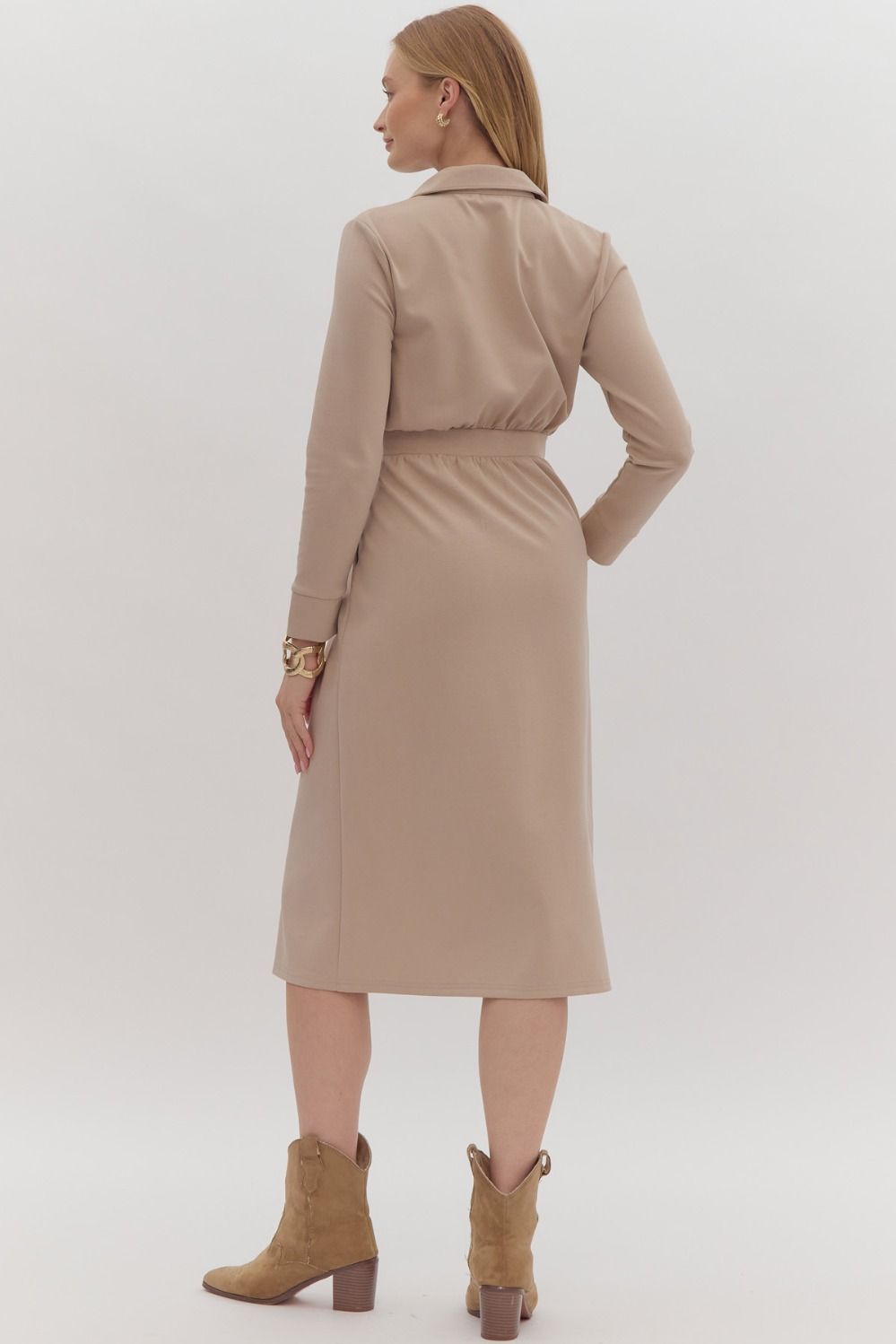 "Diane" Almond Long Sleeve Midi Dress