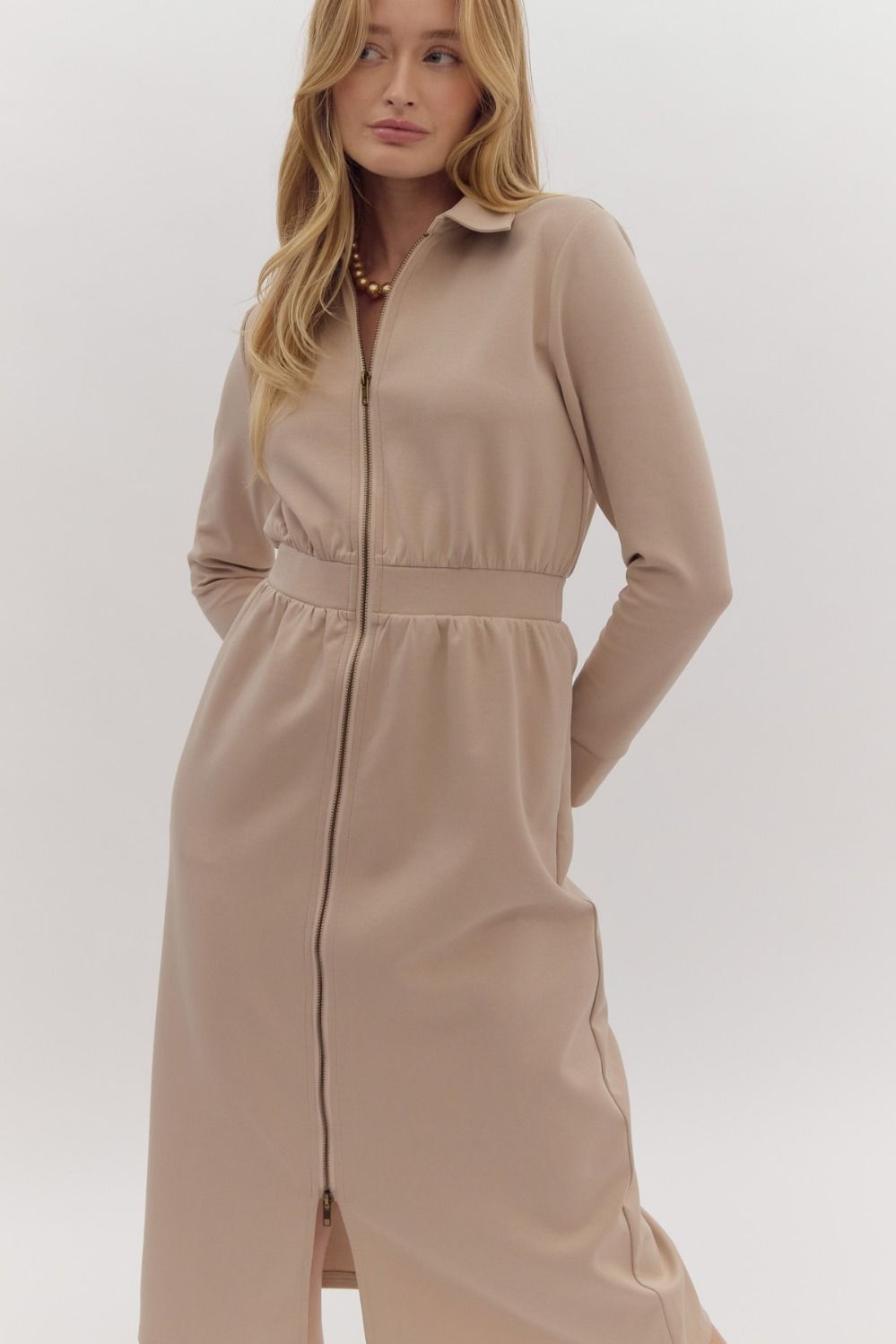 "Diane" Almond Long Sleeve Midi Dress