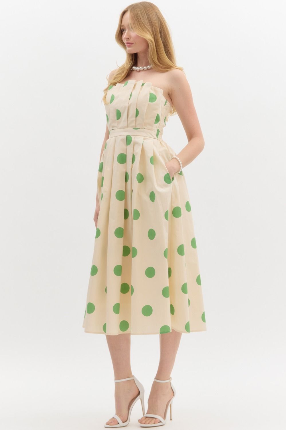 "Katy" Green Polka Dot Midi Dress