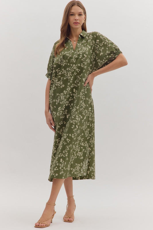Olive Floral Midi Dress