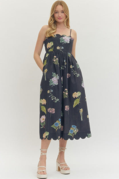 Black Floral Tie Back Midi Dress
