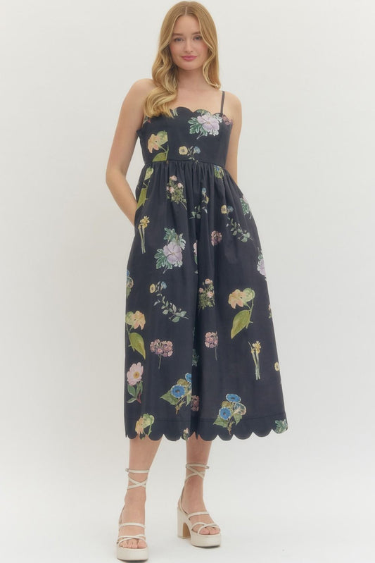 Black Floral Tie Back Midi Dress