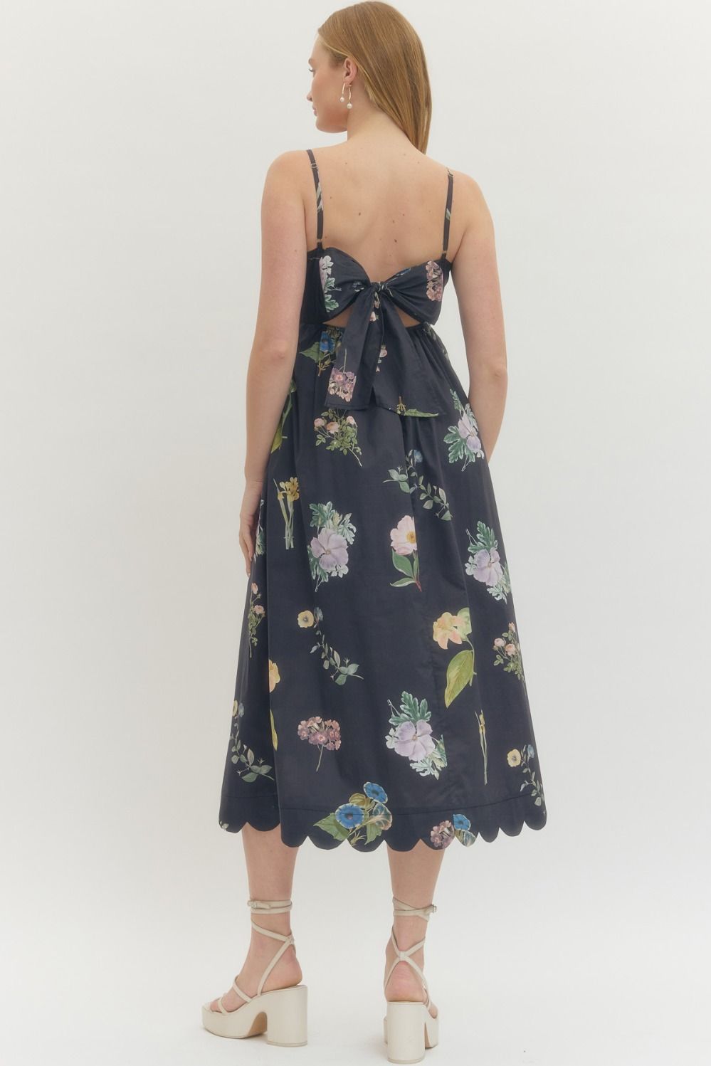 Black Floral Tie Back Midi Dress