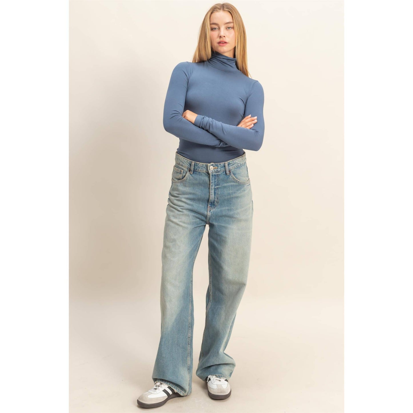 Turtleneck Long Sleeve Fitted Top: TAFFY PINK